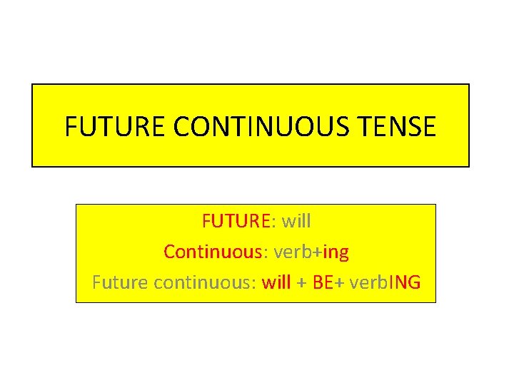 FUTURE CONTINUOUS TENSE FUTURE: will Continuous: verb+ing Future continuous: will + BE+ verb. ING