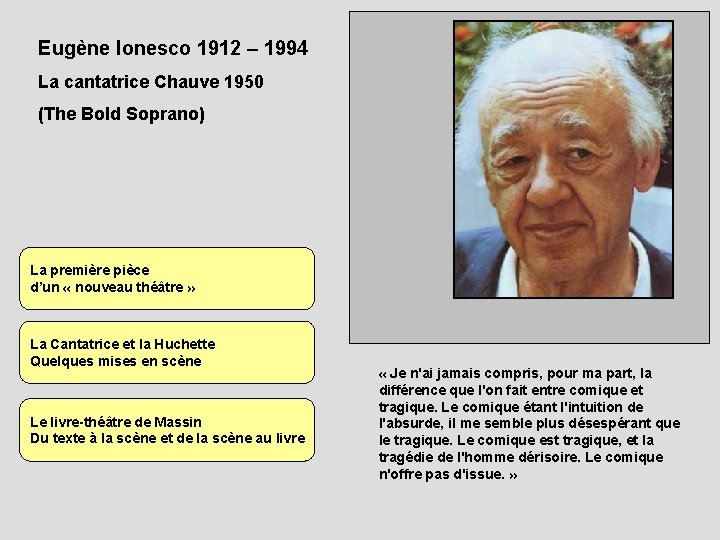 Eugène Ionesco 1912 – 1994 La cantatrice Chauve 1950 (The Bold Soprano) La première