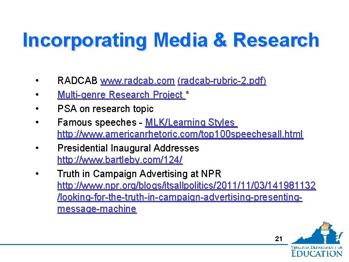 Incorporating Media & Research • • • RADCAB www. radcab. com (radcab-rubric-2. pdf) Multi-genre