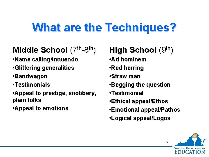 What are the Techniques? Middle School (7 th-8 th) High School (9 th) •