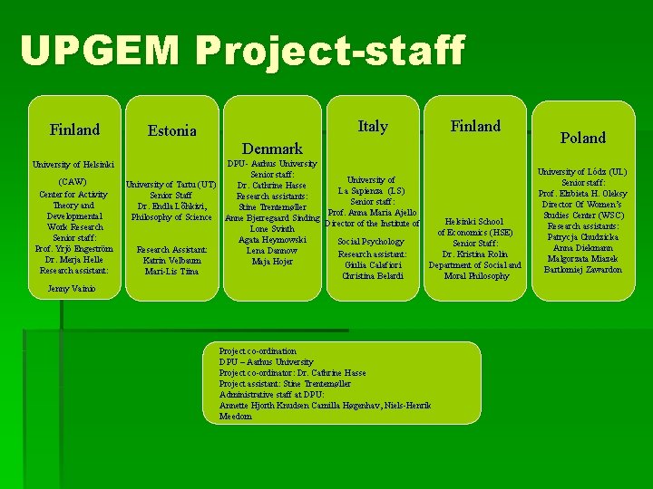 UPGEM Project-staff Finland Italy Estonia Finland Denmark University of Helsinki (CAW) Center for Activity