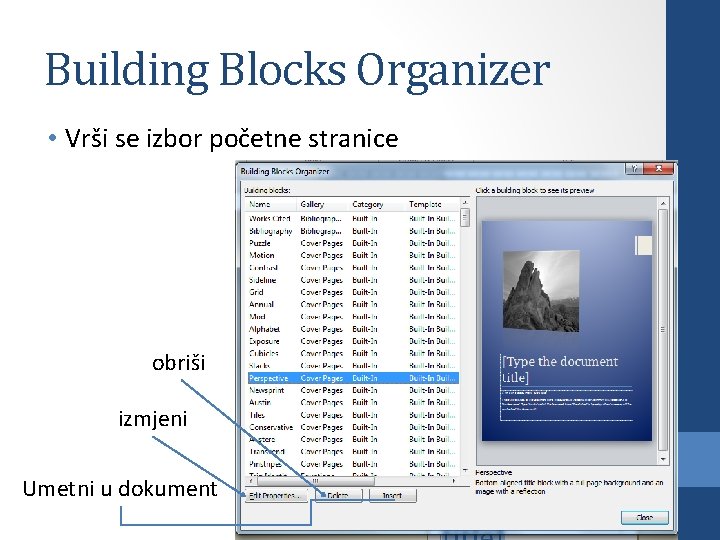 Building Blocks Organizer • Vrši se izbor početne stranice obriši izmjeni Umetni u dokument