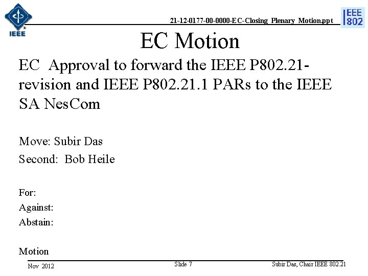 21 -12 -0177 -00 -0000 -EC-Closing_Plenary_Motion. ppt EC Motion EC Approval to forward the