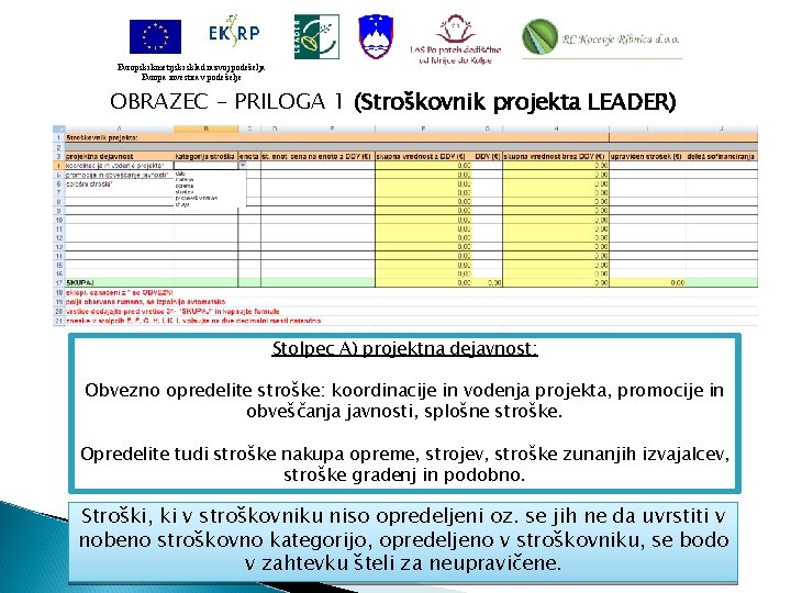 Evropski kmetijski sklad razvoj podeželja Evropa investira v podeželje OBRAZEC – PRILOGA 1 (Stroškovnik