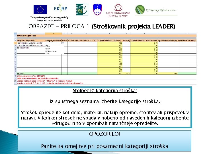 Evropski kmetijski sklad razvoj podeželja Evropa investira v podeželje OBRAZEC – PRILOGA 1 (Stroškovnik