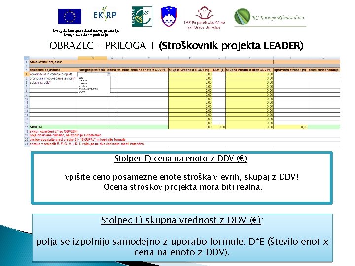 Evropski kmetijski sklad razvoj podeželja Evropa investira v podeželje OBRAZEC – PRILOGA 1 (Stroškovnik