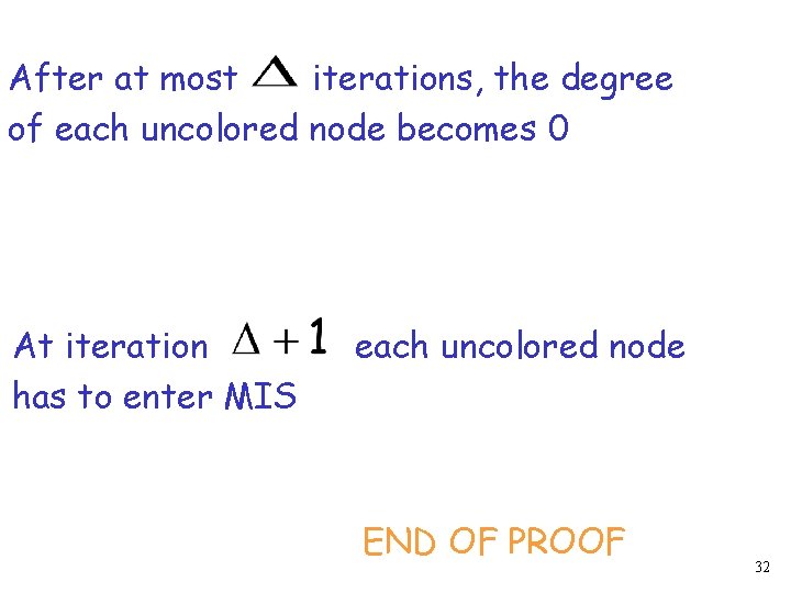 After at most iterations, the degree of each uncolored node becomes 0 At iteration