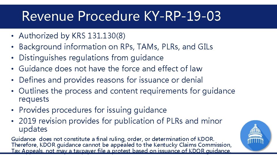Revenue Procedure KY-RP-19 -03 Authorized by KRS 131. 130(8) Background information on RPs, TAMs, Revenue Procedure KY-RP-19 -03 Authorized by KRS 131. 130(8) Background information on RPs, TAMs,