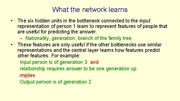 What the network learns • The six hidden units in the bottleneck connected to What the network learns • The six hidden units in the bottleneck connected to