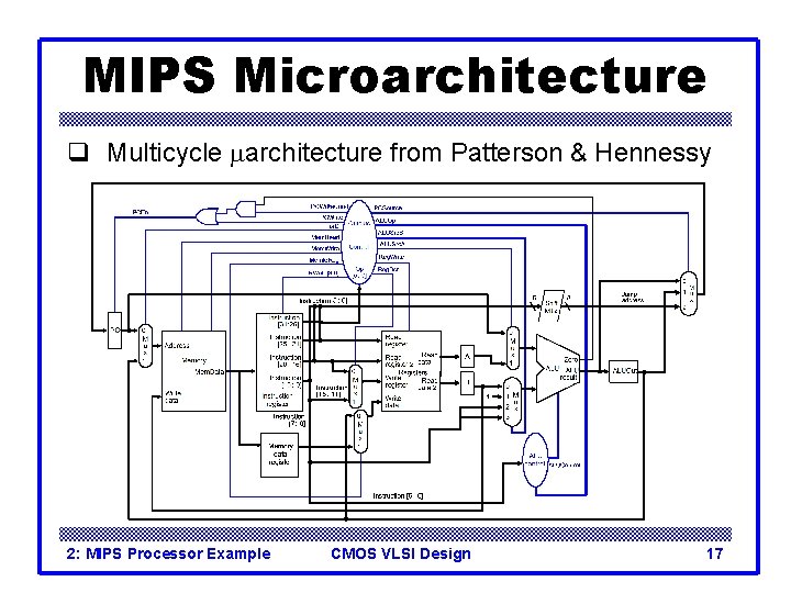 MIPS Microarchitecture q Multicycle marchitecture from Patterson & Hennessy 2: MIPS Processor Example CMOS