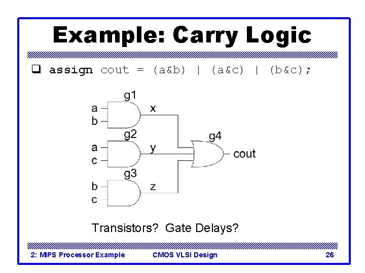 Example: Carry Logic q assign cout = (a&b) | (a&c) | (b&c); Transistors? Gate