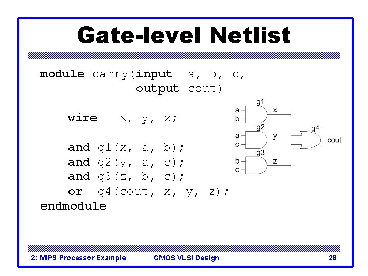 Gate-level Netlist module carry(input a, b, c, output cout) wire x, y, z; and