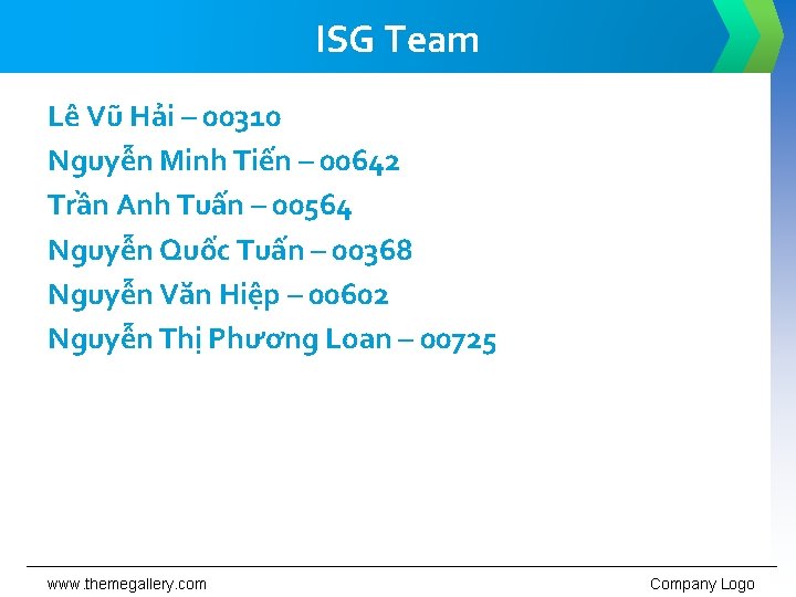 ISG Team Lê Vũ Hải – 00310 Nguyễn Minh Tiến – 00642 Trần Anh