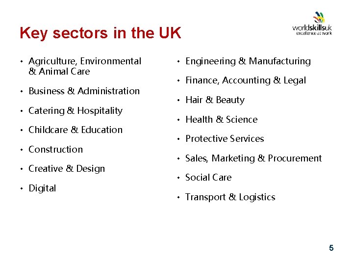 Key sectors in the UK • Agriculture, Environmental & Animal Care • Business &