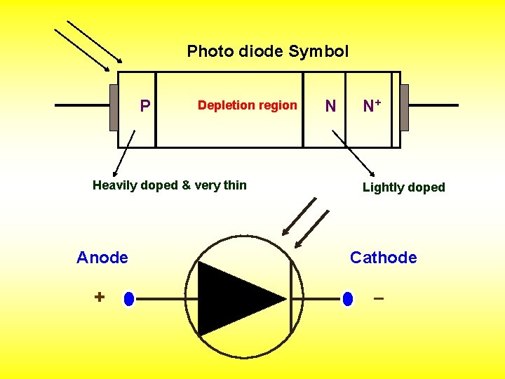 Photo diode Symbol Depletion region Heavily doped & very thin Anode N N+ Lightly
