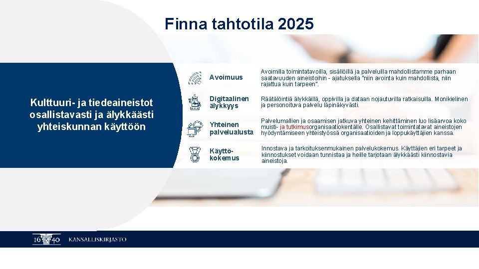 Finna tahtotila 2025 Kulttuuri- ja tiedeaineistot osallistavasti ja älykkäästi yhteiskunnan käyttöön KANSALLISKIRJASTO Avoimuus Avoimilla