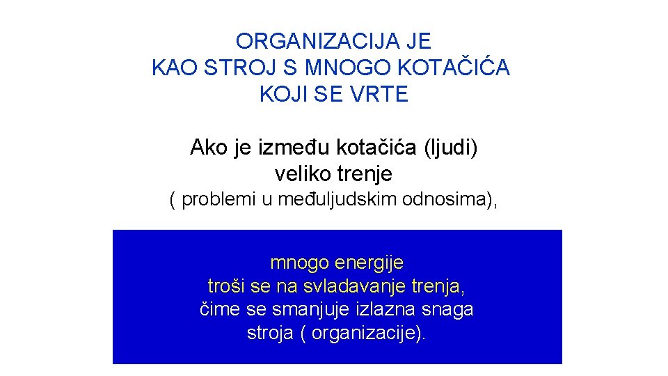 ORGANIZACIJA JE KAO STROJ S MNOGO KOTAČIĆA KOJI SE VRTE Ako je između kotačića