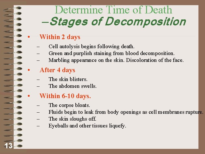 Determine Time of Death —Stages of Decomposition • Within 2 days – – –