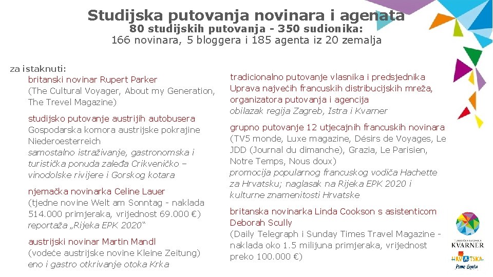 Studijska putovanja novinara i agenata 80 studijskih putovanja - 350 sudionika: 166 novinara, 5