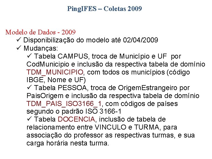 Ping. IFES – Coletas 2009 Modelo de Dados - 2009 Disponibilização do modelo até