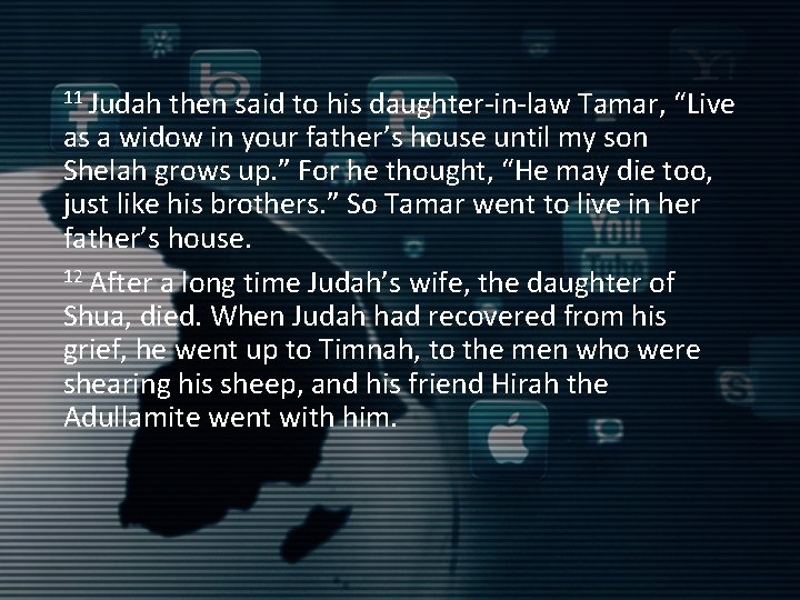 11 Judah then said to his daughter-in-law Tamar, “Live as a widow in your