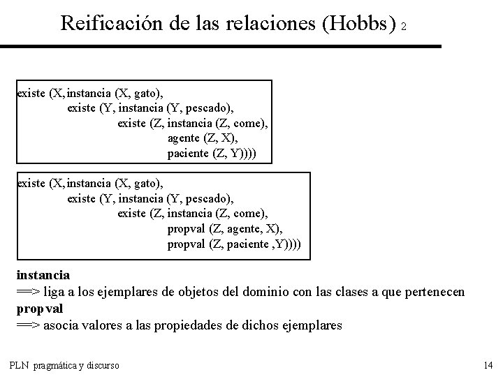 Reificación de las relaciones (Hobbs) 2 existe (X, instancia (X, gato), existe (Y, instancia