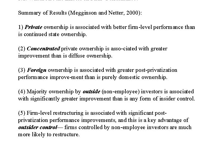 3. 1. Which Are the Effects on Firm’ Performance? Summary of Results (Megginson and