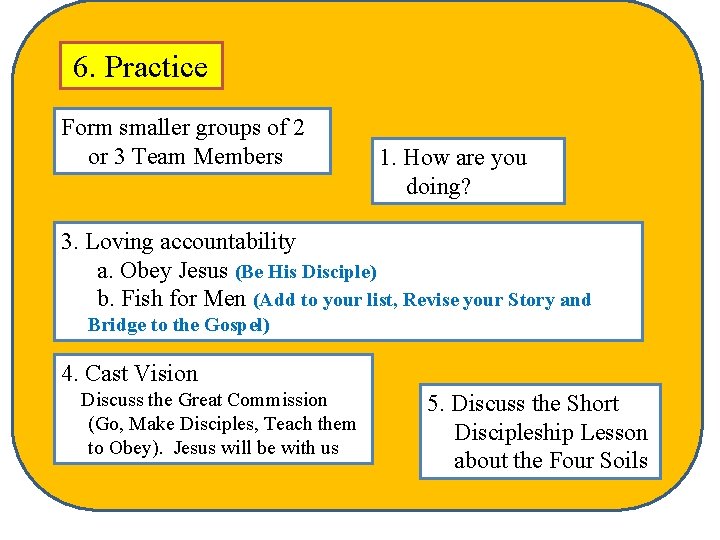 6. Practice Form smaller groups of 2 or 3 Team Members 1. How are