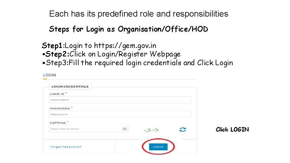 Each has its predefined role and responsibilities Steps for Login as Organisation/Office/HOD Step 1: