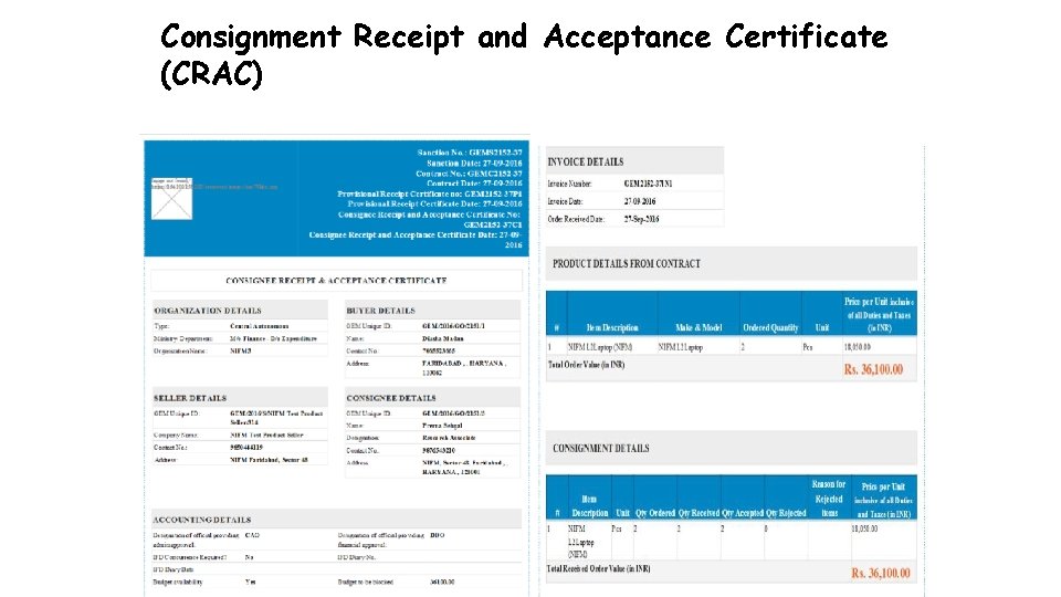 Consignment Receipt and Acceptance Certificate (CRAC) 