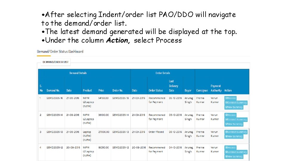  • After selecting Indent/order list PAO/DDO will navigate to the demand/order list. •