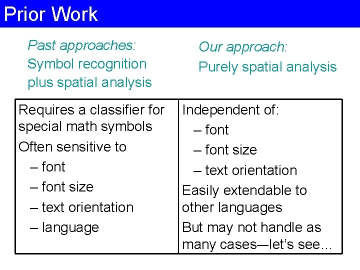 Prior Work Past approaches: Symbol recognition plus spatial analysis Requires a classifier for special Prior Work Past approaches: Symbol recognition plus spatial analysis Requires a classifier for special