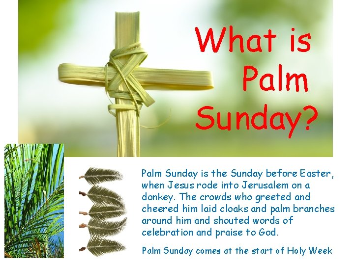 What is Palm Sunday? Palm Sunday is the Sunday before Easter, when Jesus rode