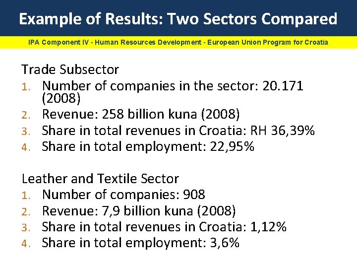 Example of Results: Two Sectors Compared IPA Component IV - Human Resources Development -