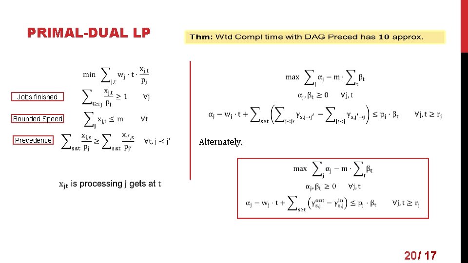 PRIMAL-DUAL LP Jobs finished Bounded Speed Precedence Alternately, 20 / 17 