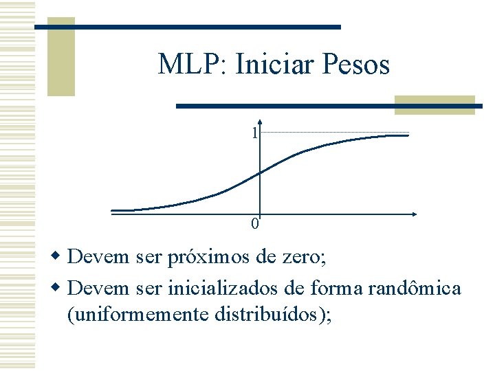 MLP: Iniciar Pesos 1 0 w Devem ser próximos de zero; w Devem ser