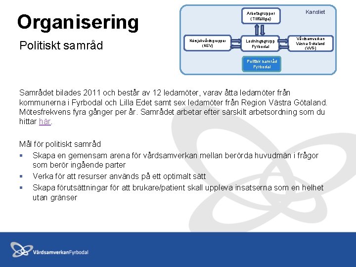 Organisering Politiskt samråd Närsjukvårdsgrupper (NSV) Arbetsgrupper (Tillfälliga) Kansliet Ledningsgrupp Fyrbodal Vårdsamverkan Västra Götaland (VVG)