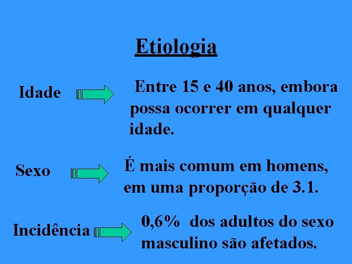 Etiologia Idade Sexo Incidência Entre 15 e 40 anos, embora possa ocorrer em qualquer