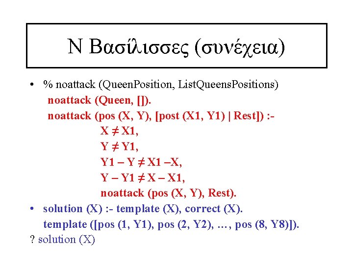 Ν Βασίλισσες (συνέχεια) • % noattack (Queen. Position, List. Queens. Positions) noattack (Queen, []).