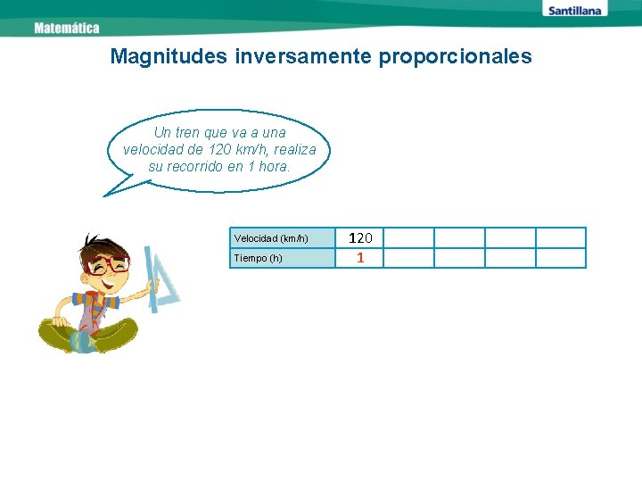 Magnitudes inversamente proporcionales Un tren que va a una velocidad de 120 km/h, realiza