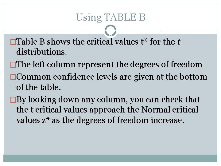 Using TABLE B �Table B shows the critical values t* for the t distributions.