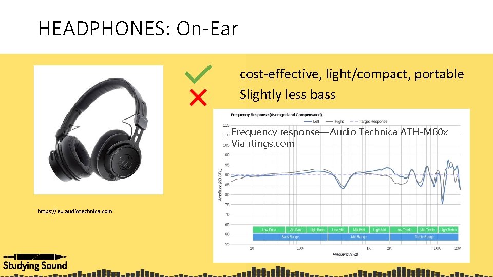 HEADPHONES: On-Ear cost-effective, light/compact, portable Slightly less bass Frequency response—Audio Technica ATH-M 60 x