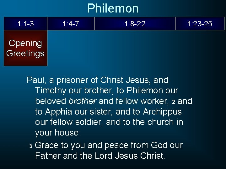 Philemon 1: 1 -3 1: 4 -7 1: 8 -22 1: 23 -25 Opening