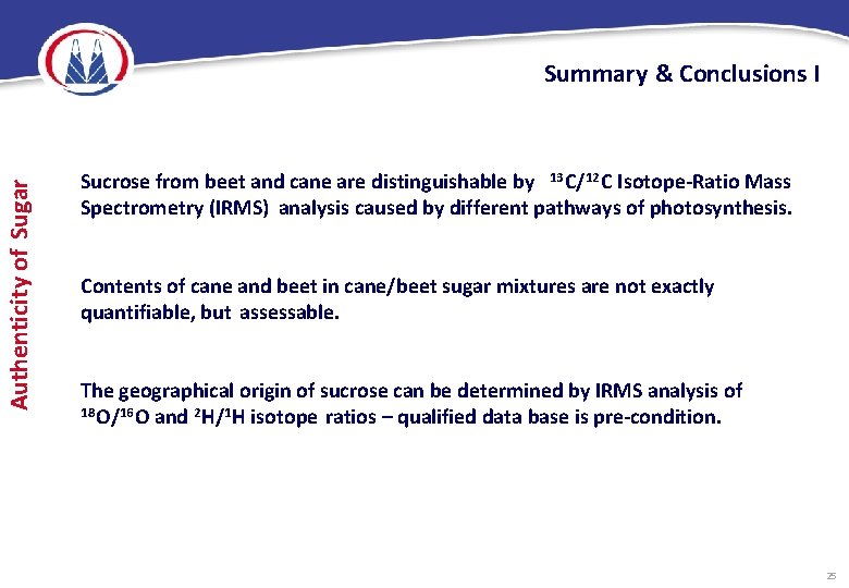 Authenticity of Sugar Summary & Conclusions I Sucrose from beet and cane are distinguishable