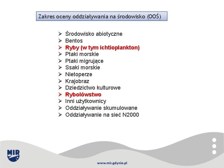 Zakres oceny oddziaływania na środowisko (OOŚ) Ø Ø Ø Ø Środowisko abiotyczne Bentos Ryby