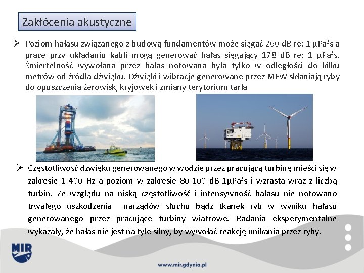 Zakłócenia akustyczne Ø Poziom hałasu związanego z budową fundamentów może sięgać 260 d. B