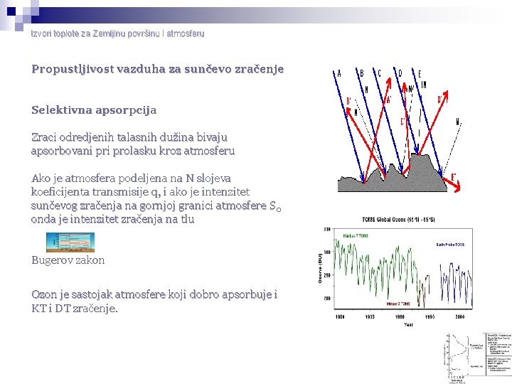 Izvori toplote za Zemljinu površinu i atmosferu Propustljivost vazduha za sunčevo zračenje Selektivna apsorpcija