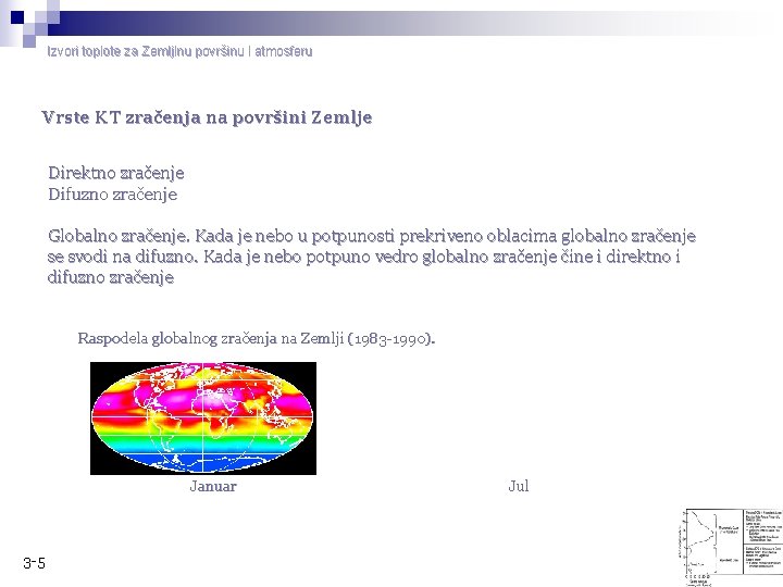 Izvori toplote za Zemljinu površinu i atmosferu Vrste KT zračenja na površini Zemlje Direktno