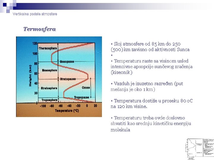 Vertikalna podela atmosfere Termosfera • Sloj atmosfere od 85 km do 250 (500) km