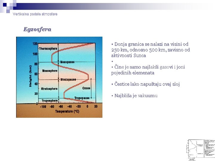 Vertikalna podela atmosfere Egzosfera • Donja granica se nalazi na visini od 250 km,
